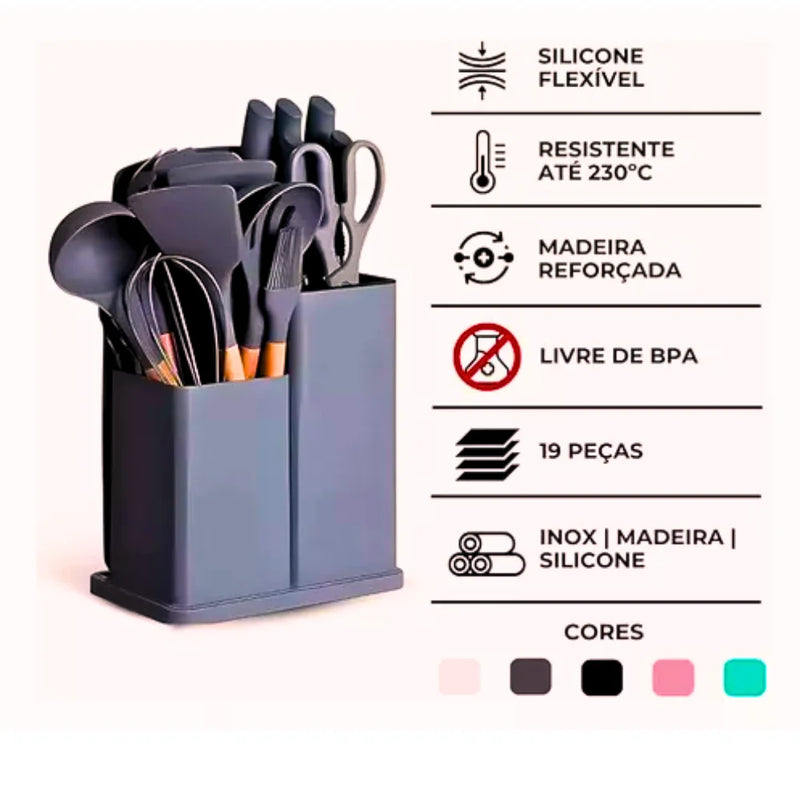 Kit Completo com 19 Utensílios de Cozinha Essenciais - Ferramentas de Alta Qualidade para Facilitar o Seu Dia a Dia